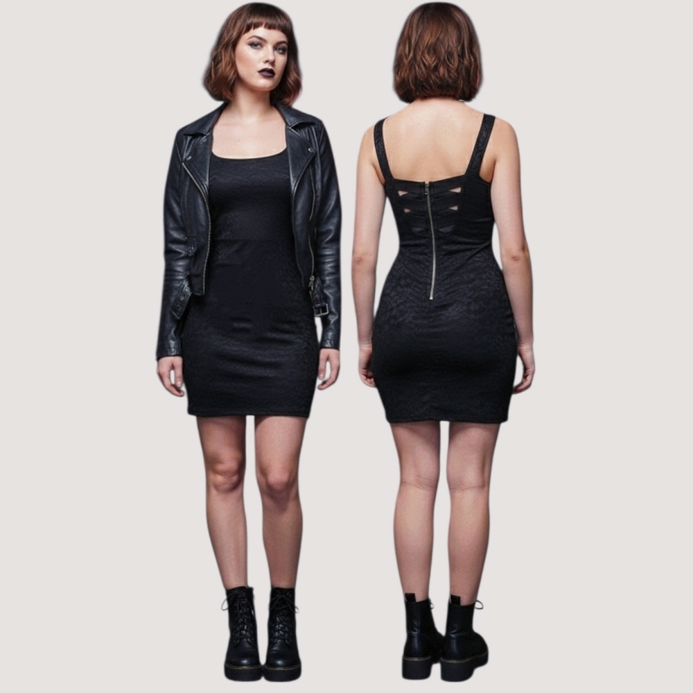 Material Girl Strappy Cross-over Back Lace Floral Black Lace Dress